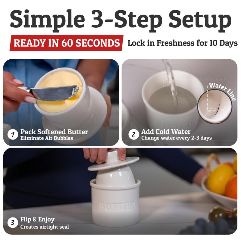 Priority Chef Butter Crock with Lid with Water Line, Ceramic French Butter Dish to Leave On Counter, White - Image 5